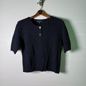 Jones New York Petite Large, Navy, 2 Button Short Sleeve Cardigan, Zig Zag